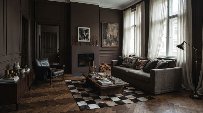 Squares patchwork cowhide rug in brown, and gray under a wood coffee table in a chocolate brown living room