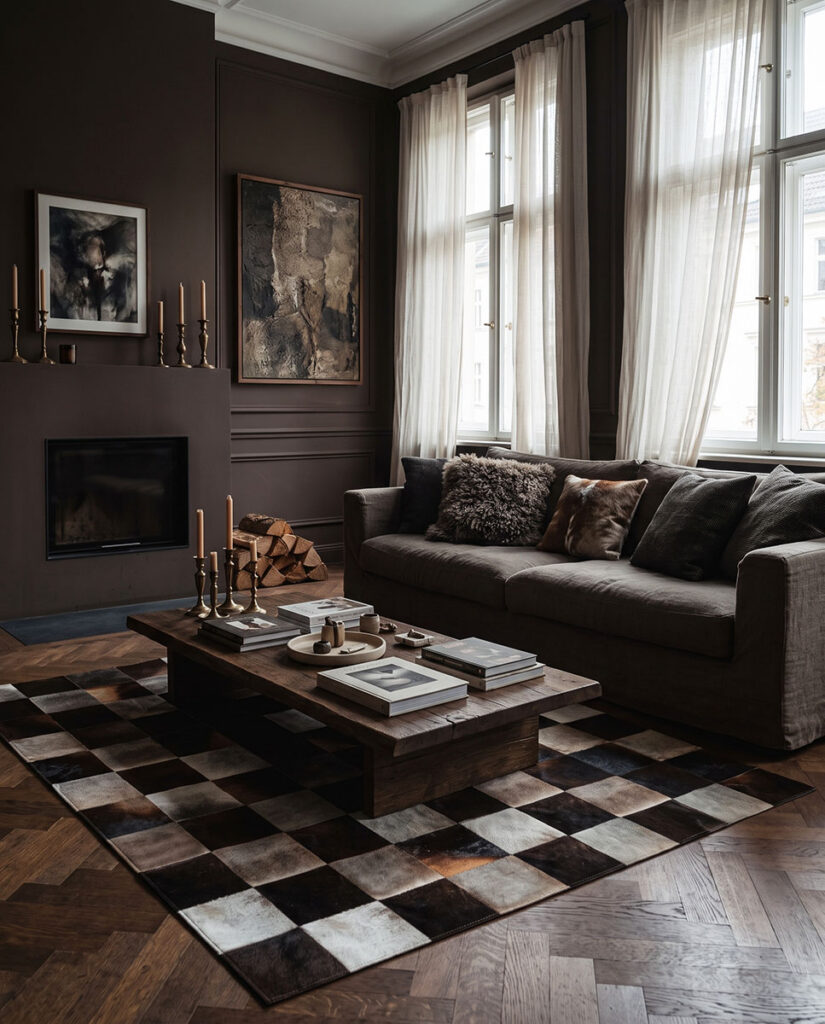 Brown, black and white Squares patchwork cowhide rug with a wood coffee table, candlesticks and sheepskin pillow