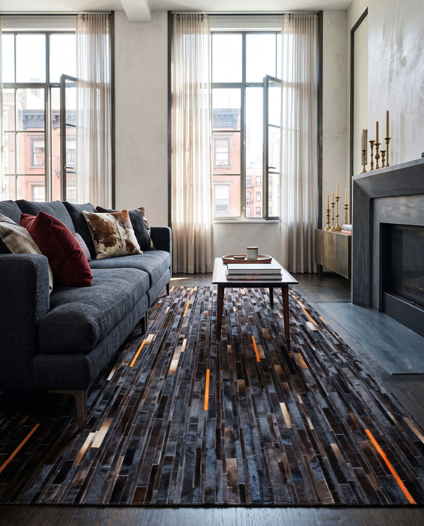 Dyed orange and brown striped patchwork cowhide rug in a bright New York loft living room with tall windows